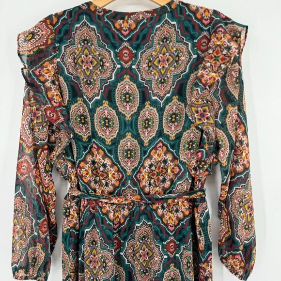 LOFT dress midi Womens Sz Large petite Boho medallion Patterned Belt Green long - Picture 12 of 12